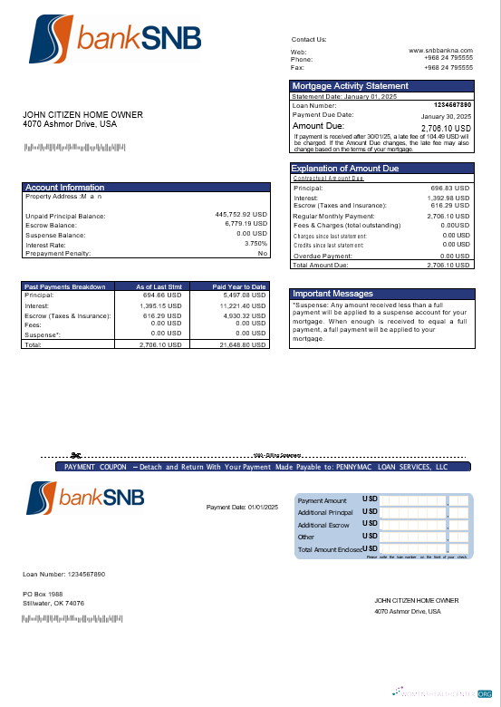 Download USA Oklahoma SNB bank mortgage statement in Word and PDF formats Photoshop template